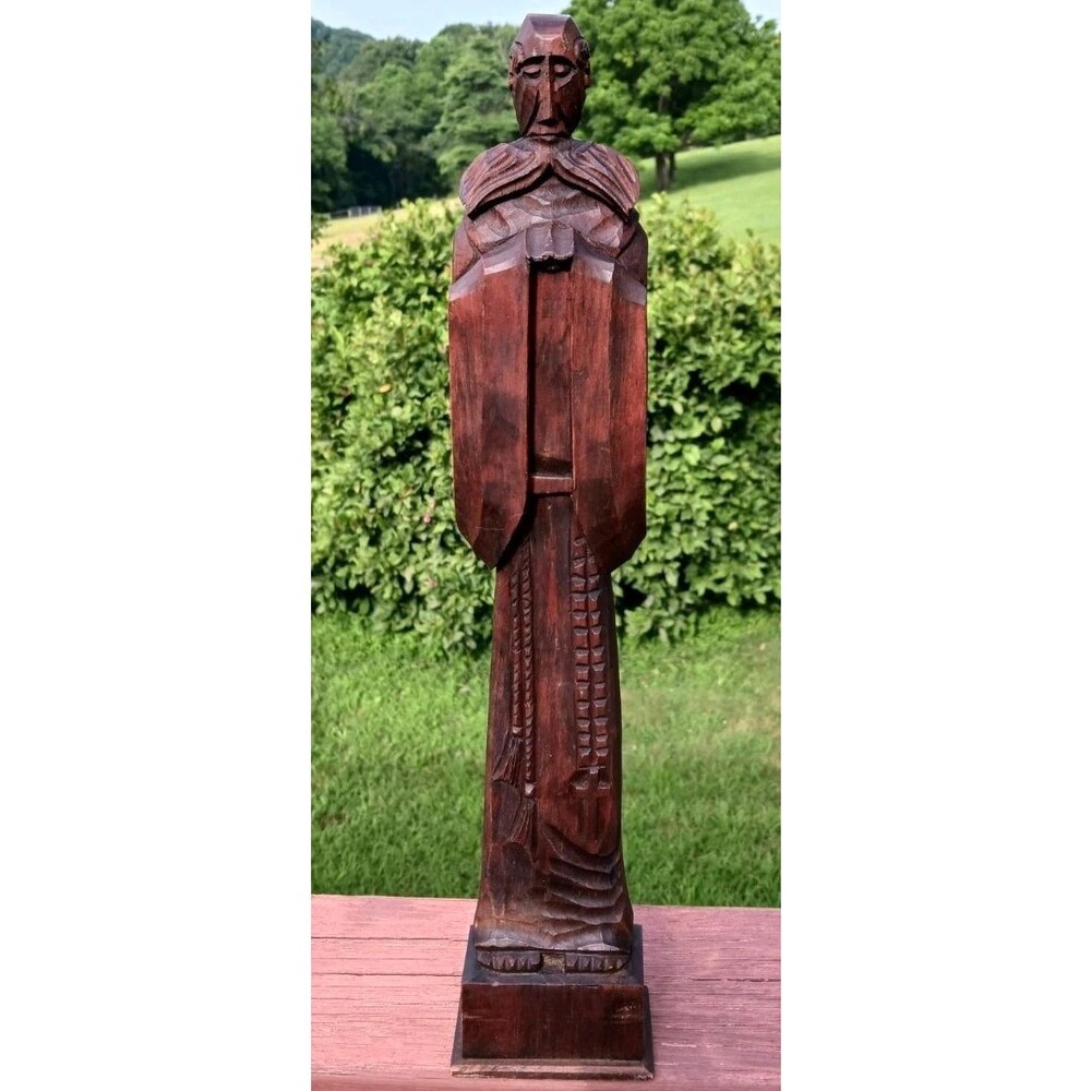 VTG Hand Carved Wooden Wood Monk Priest 18" Figure Praying Religious Statue EUC
